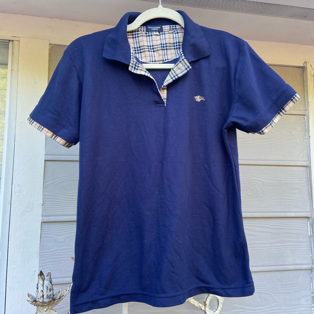 Burberry London XL navy blue pique polo with plaid undershirt